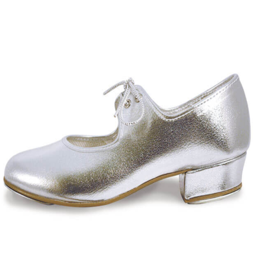 Silver metallic tap shoe with a block heel on a white background