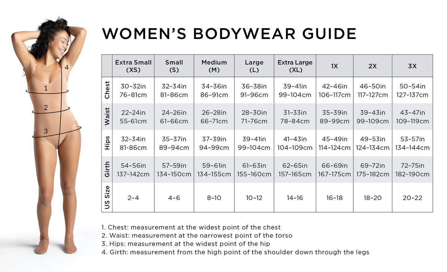 Size chart for leotards and dancewear from the brand Capezio featuring a woman wearing a body stocking and sizes including chest waist girth and hips for UK, EU and US