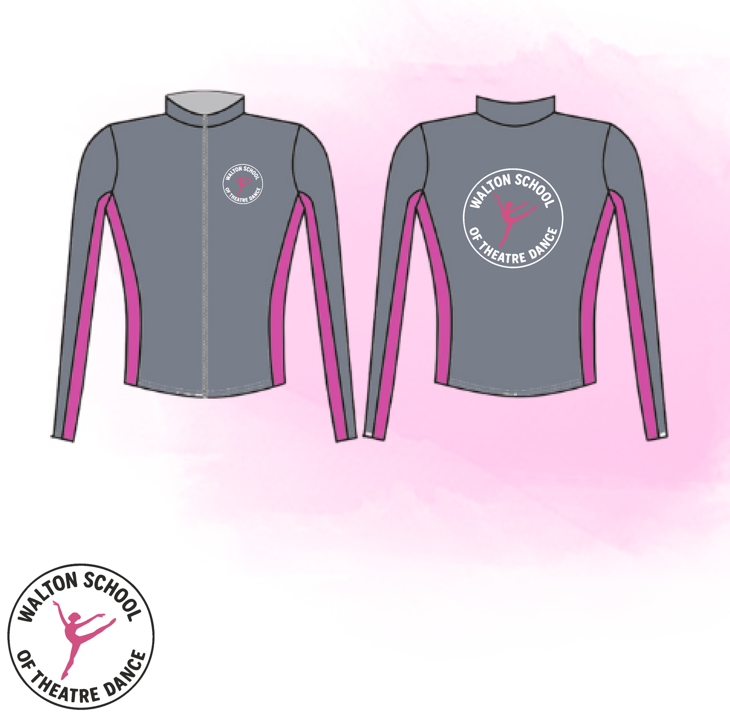 Official Walton School of Dance grey and cerise jacket with full zip and cadet collar made from Meryl fabric