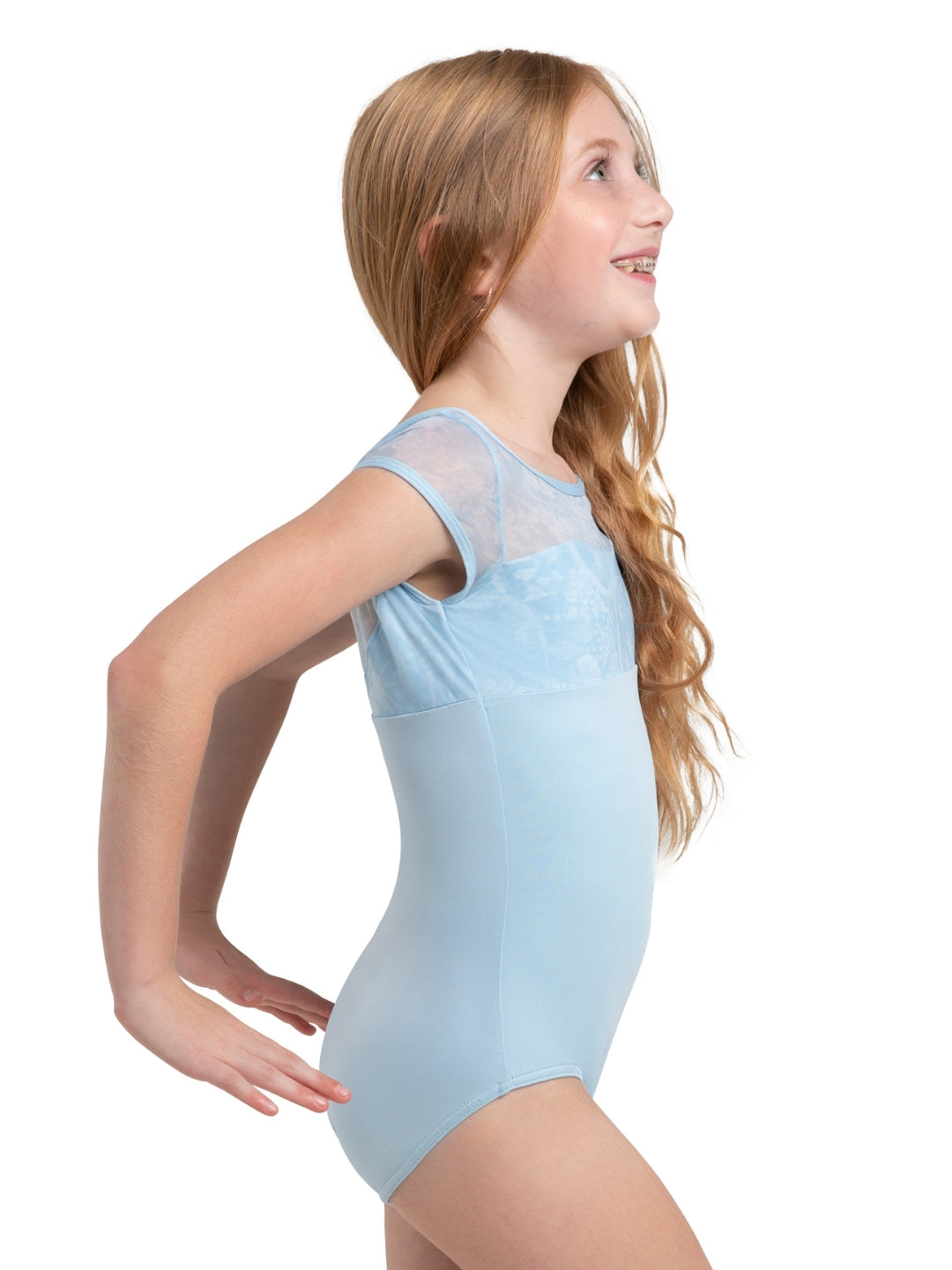 Girls Light Blue Mesh Cap Sleeve Leotard - Capezio Pearl 12288C