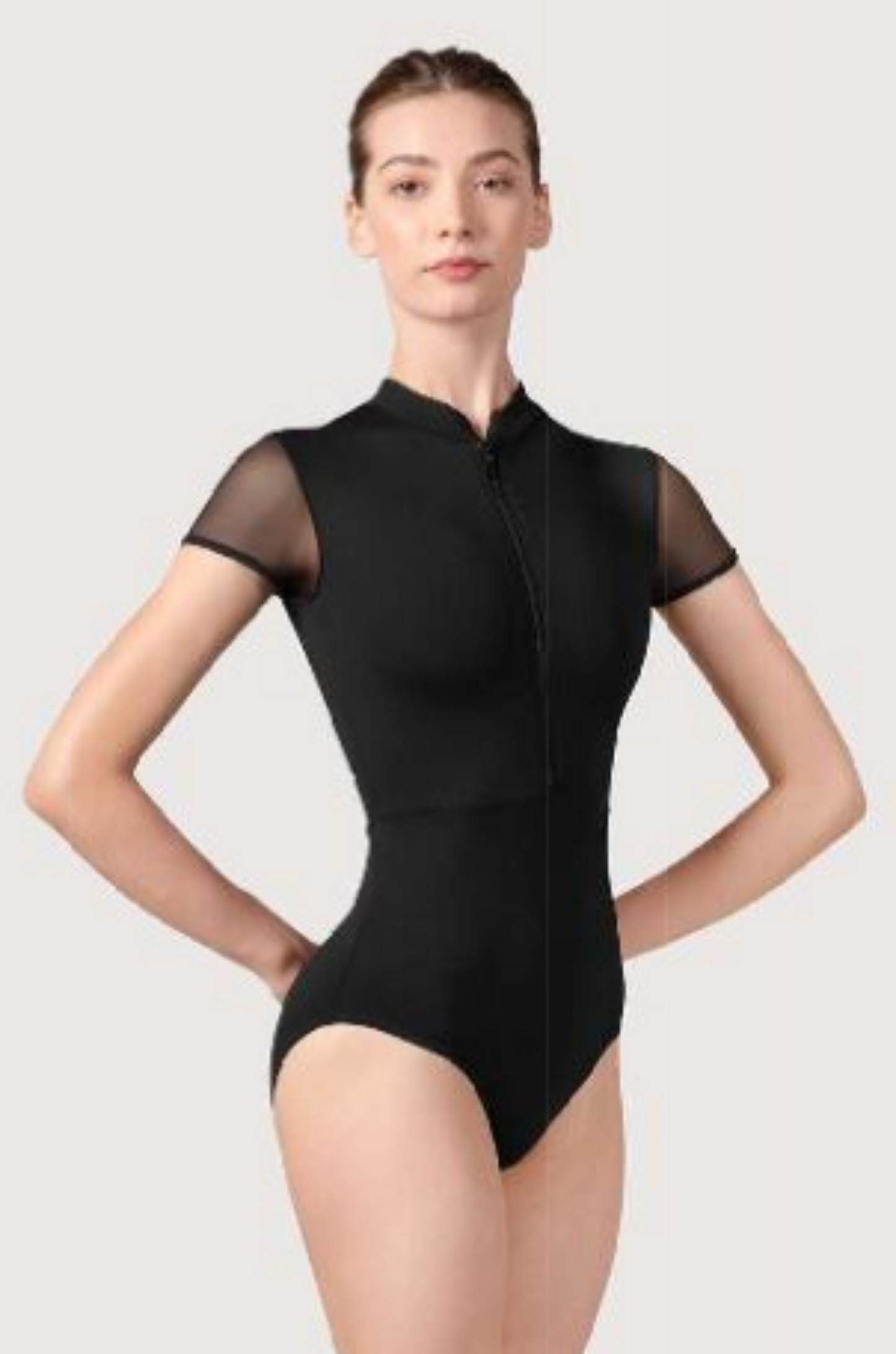 Bloch Ffion Zip Front Cap Sleeve Ribbon Back Leotard Black L5292