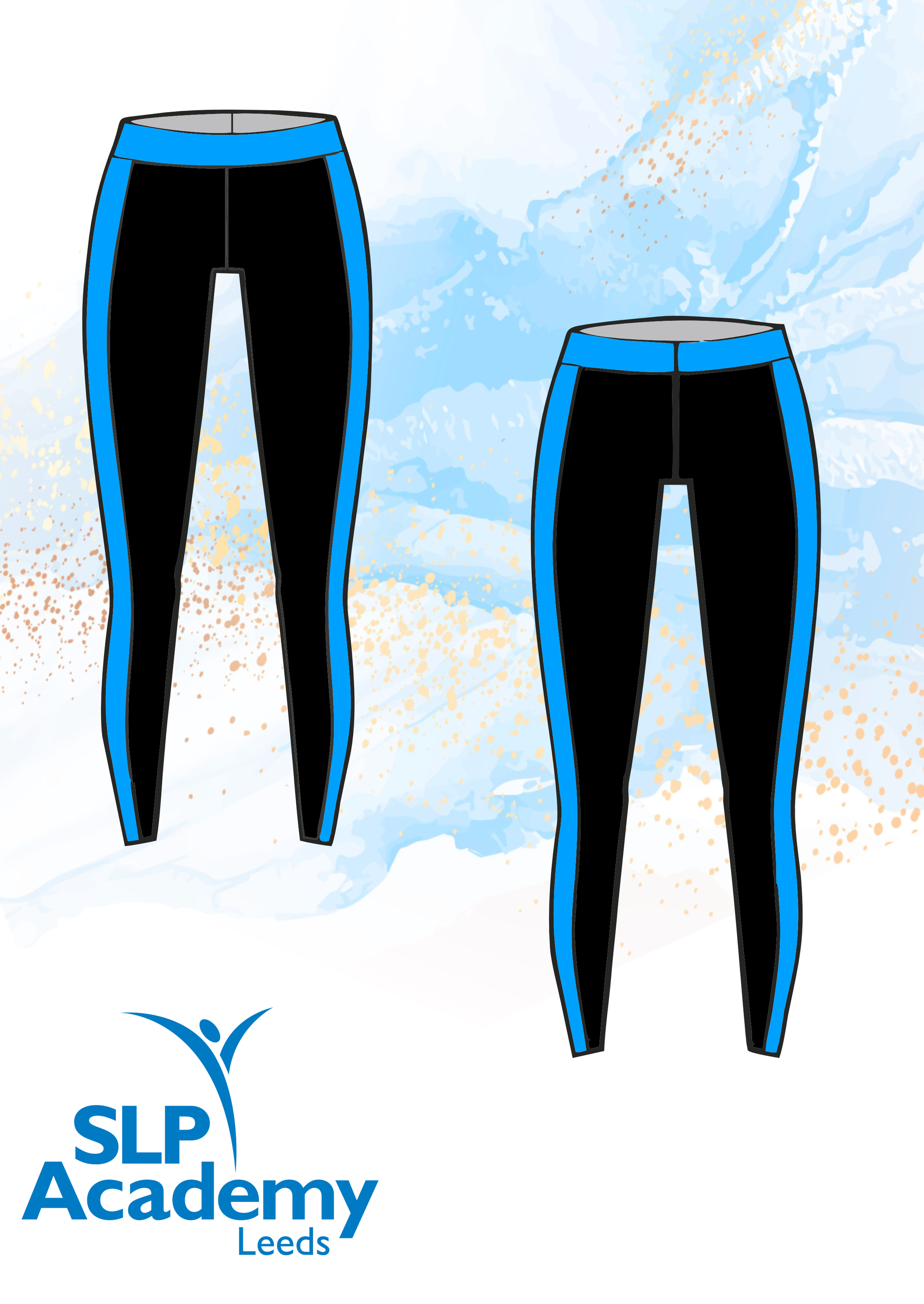 SLP Academy black Meryl leggings with Barbados Blue trim, official Tap and Jazz uniform, exclusive to La Pointe Boutique
