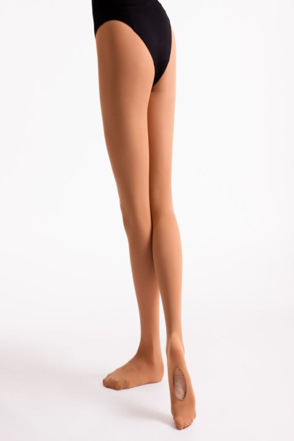 Tan convertible ballet tights laid flat showing heel opening and soft waistband – La Pointe Boutique