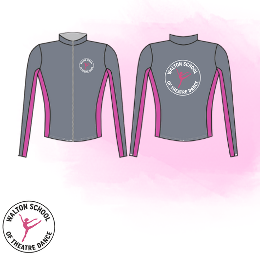 Official Walton School of Dance grey and cerise jacket with full zip and cadet collar made from Meryl fabric