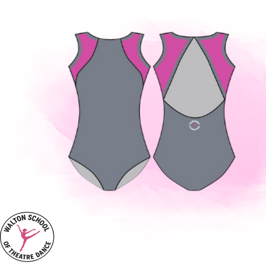 Official Walton School of Dance grey and cerise open back leotard with clasp neck detail