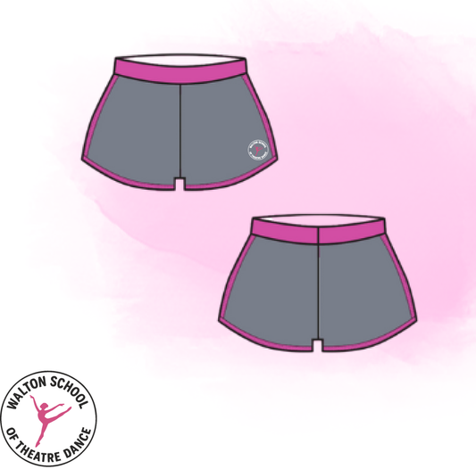WSOD official grey Meryl running shorts with cerise trim for dance and fitness