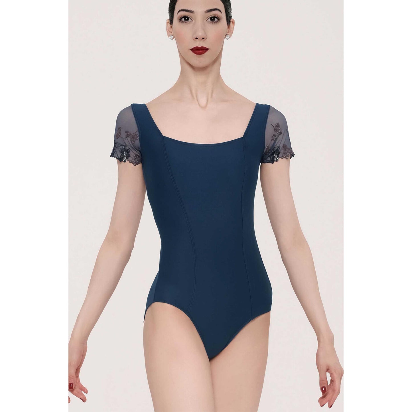 Wear Moi Liseron Navy Blue Microfibre & Stretch Lace Tulle Cap Sleeve Leotard