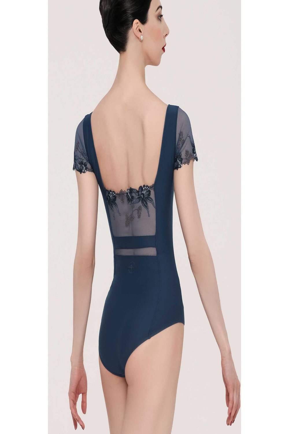 Wear Moi Liseron Navy Blue Microfibre & Stretch Lace Tulle Cap Sleeve Leotard