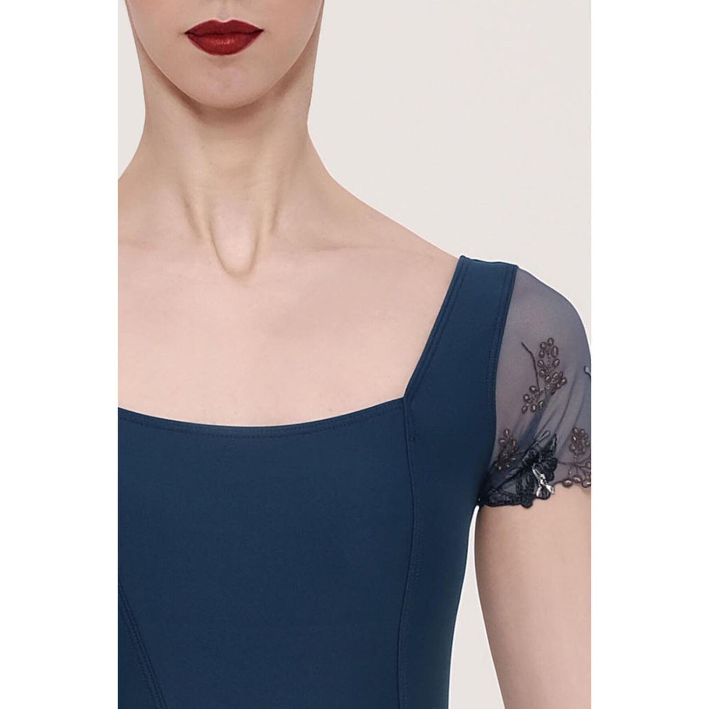 Wear Moi Liseron Navy Blue Microfibre & Stretch Lace Tulle Cap Sleeve Leotard