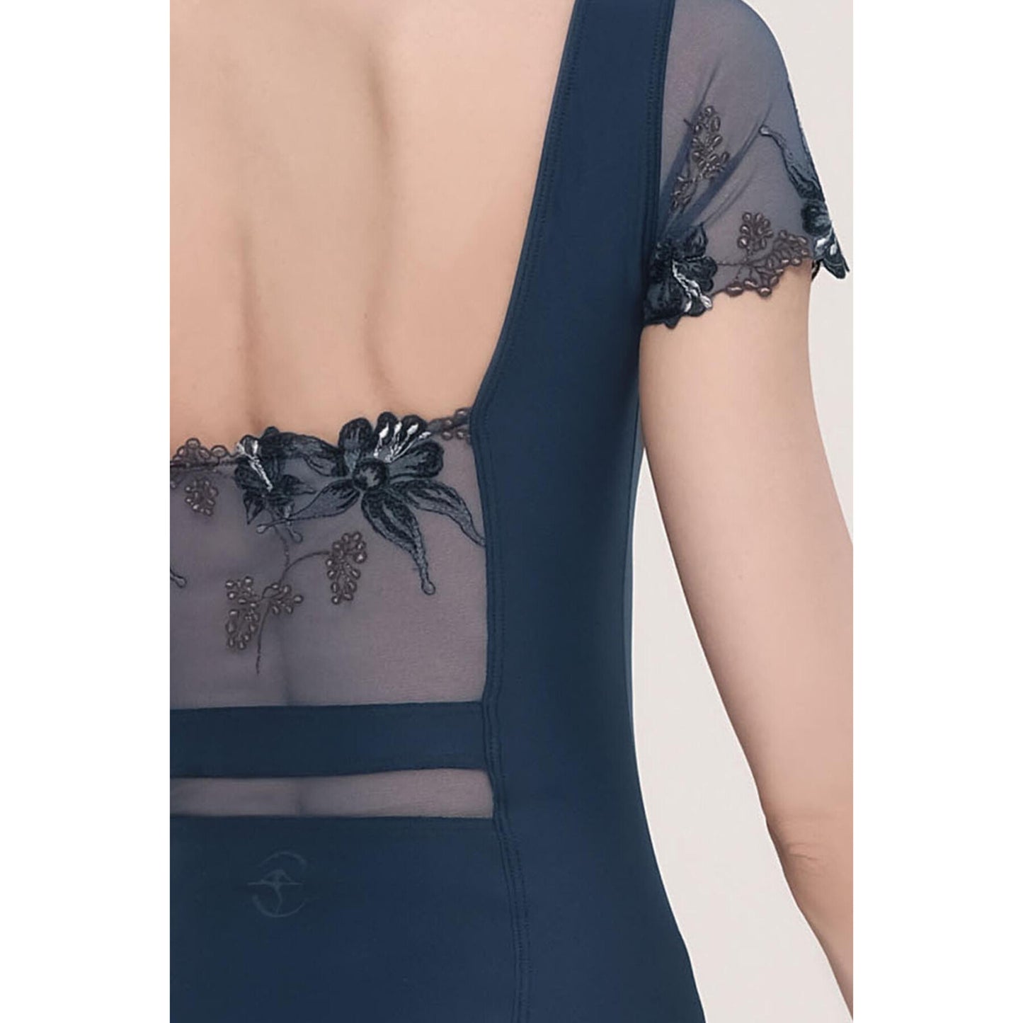 Wear Moi Liseron Navy Blue Microfibre & Stretch Lace Tulle Cap Sleeve Leotard